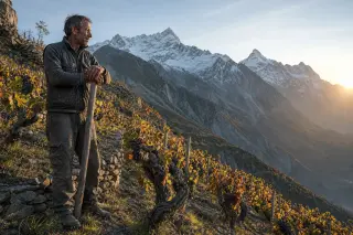 Mountain vigneron among steep terraced vines at sunrise, with snowy Alps in the background and morning light highlighting rugged terrain and ripe purple grapes.