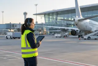 Agente aéroportuaire en gilet haute visibilité près d’un avion à Paris-Charles de Gaulle, avec le terminal en arrière-plan.