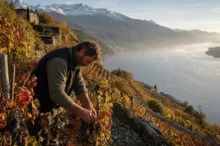Alpine vineyard terraces in autumn above Lac du Bourget, weathered winemaker examining Mondeuse vines under snow-capped peaks at golden hour.