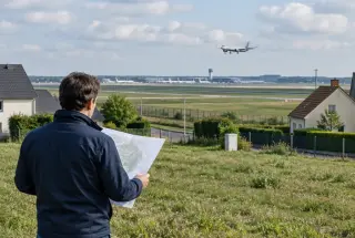 Terrain en périphérie de Roissy avec un professionnel consultant un plan, des maisons et un avion près de l’aéroport en arrière-plan.