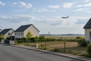 Maisons d’une commune proche de Roissy avec un avion en approche et l’aéroport visible à l’arrière-plan.