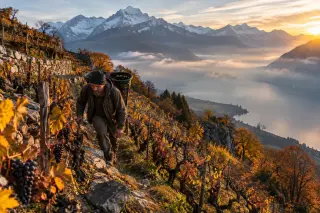 Mountain vigneron climbing steep terraced vineyards at sunrise with Lake Annecy and snowy alpine peaks in the background