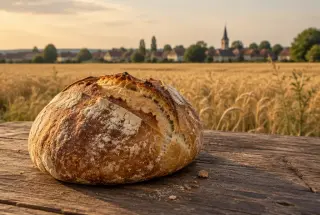 Miche de pain rustique au levain posée sur une table en bois devant des champs de blé et un village de la Plaine de France.