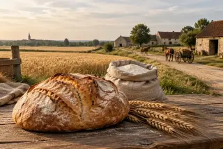 Miche de pain rustique posée devant des champs de blé de la Plaine de France, dans un décor historique près de Gonesse.
