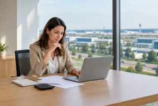 Entrepreneur travaillant sur son projet dans un espace de coworking lumineux, avec les infrastructures du Grand Roissy visibles au loin.