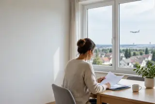 Riverain examinant un dossier de travaux près d’une fenêtre isolante, avec un avion visible au loin au-dessus d’un quartier résidentiel.